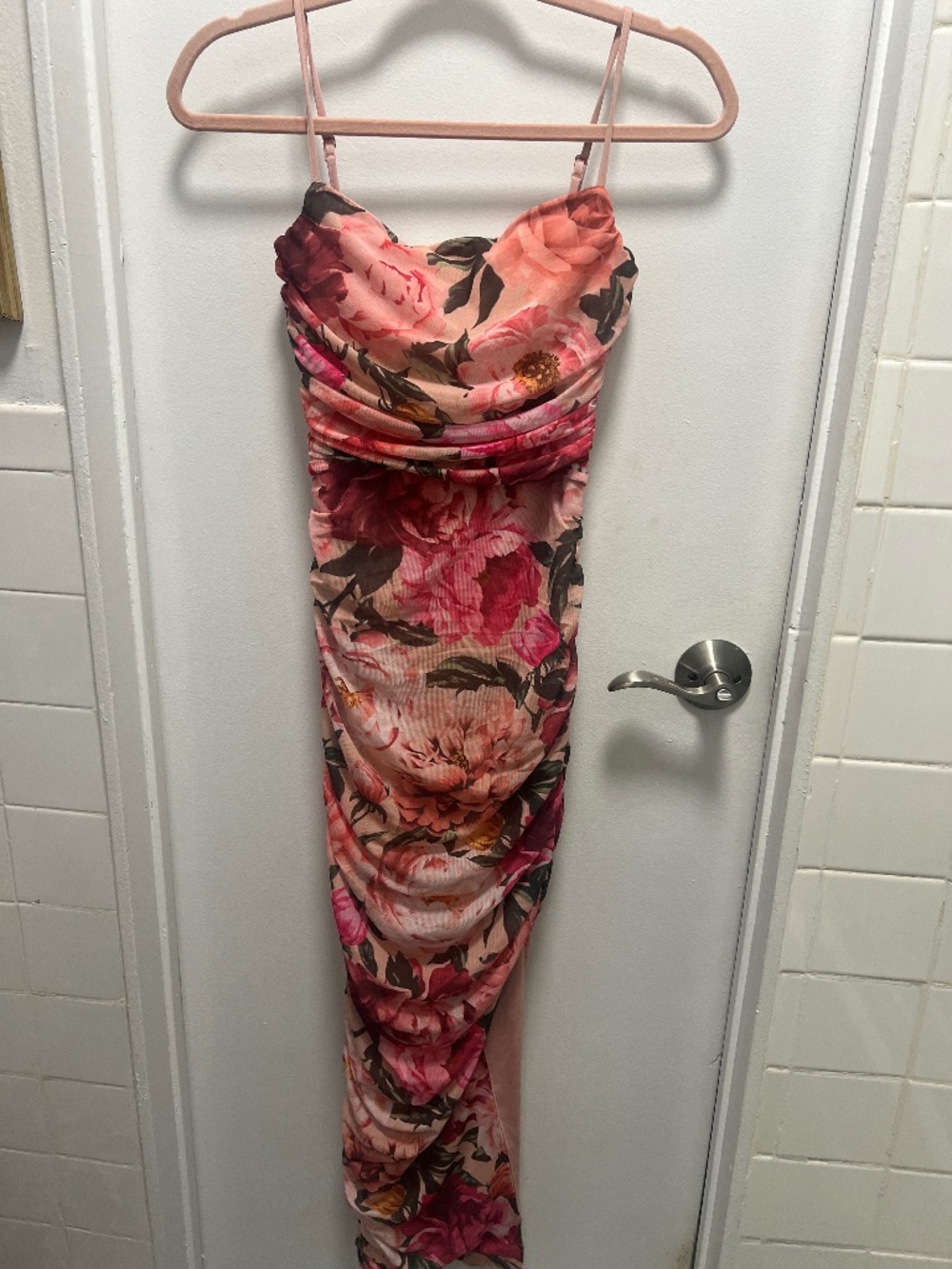 Express Pink Floral Ruched Bodycon Mesh Dress
